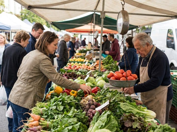 A woman choosing vegetables at a market stall